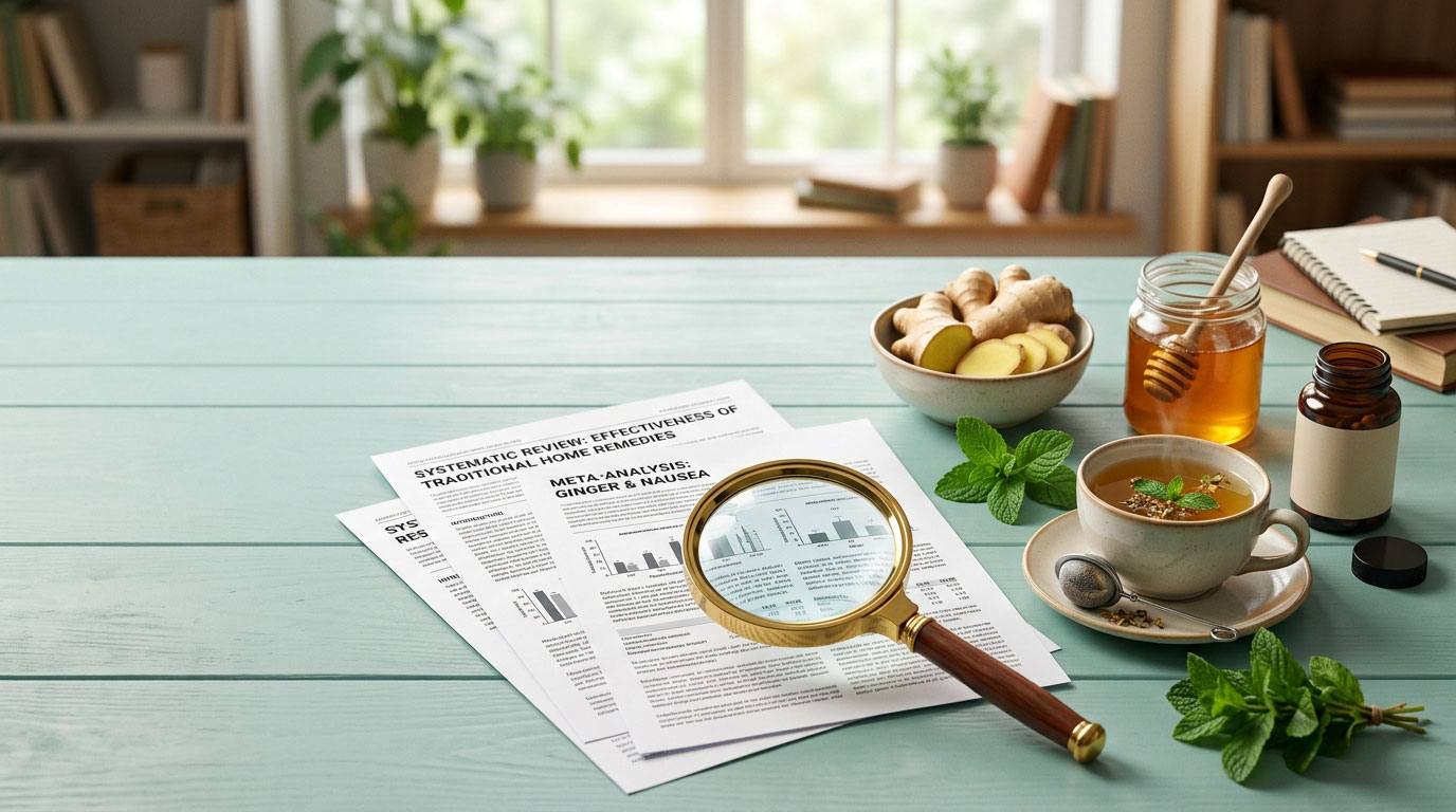Magnifying glass beside ginger, honey, herbal tea, and scientific research on home remedies.