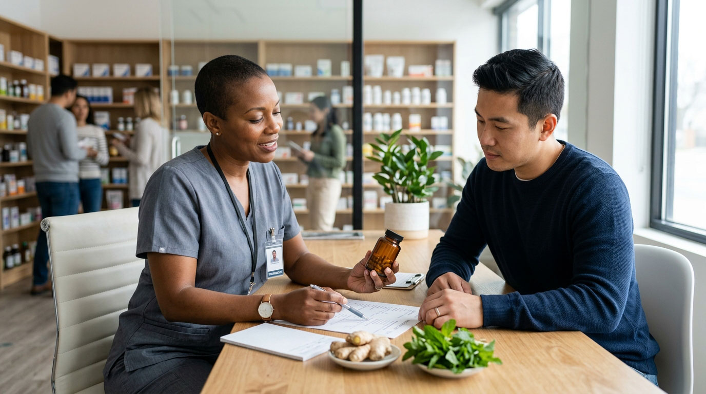 Pharmacist reviewing home remedy safety and possible medication interactions with a consumer.