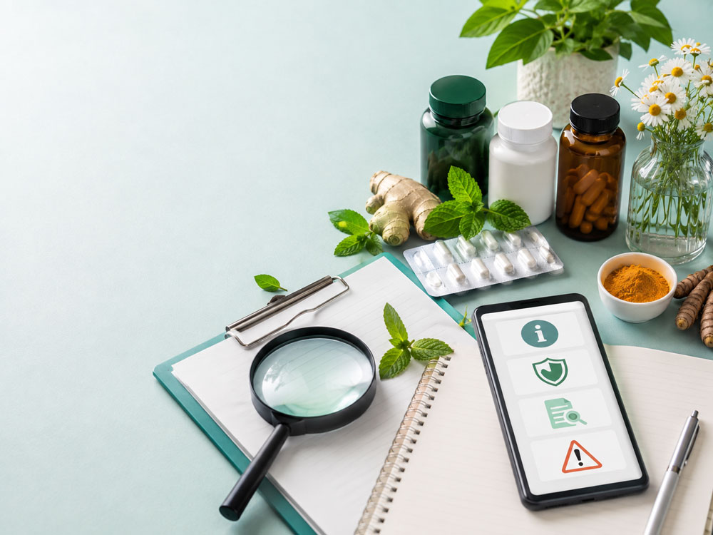Flat lay of a workspace with herbal supplements and natural ingredients like ginger, turmeric, mint, and chamomile beside bottles of capsules, a smartphone displaying health and safety icons, a magnifying glass, clipboard, and notebook, symbolizing research and digital health awareness.