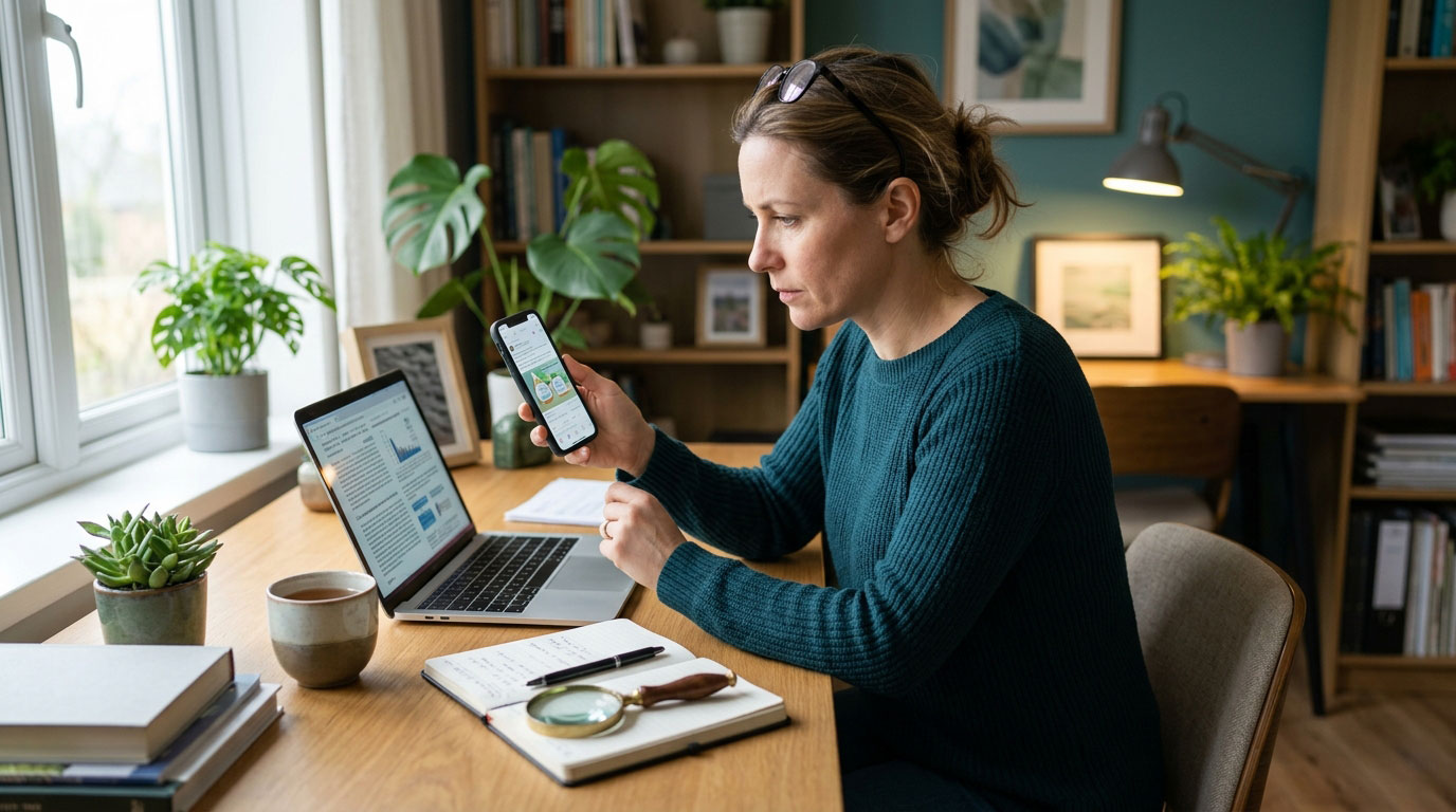 Consumer comparing a viral home remedy claim with scientific research online.